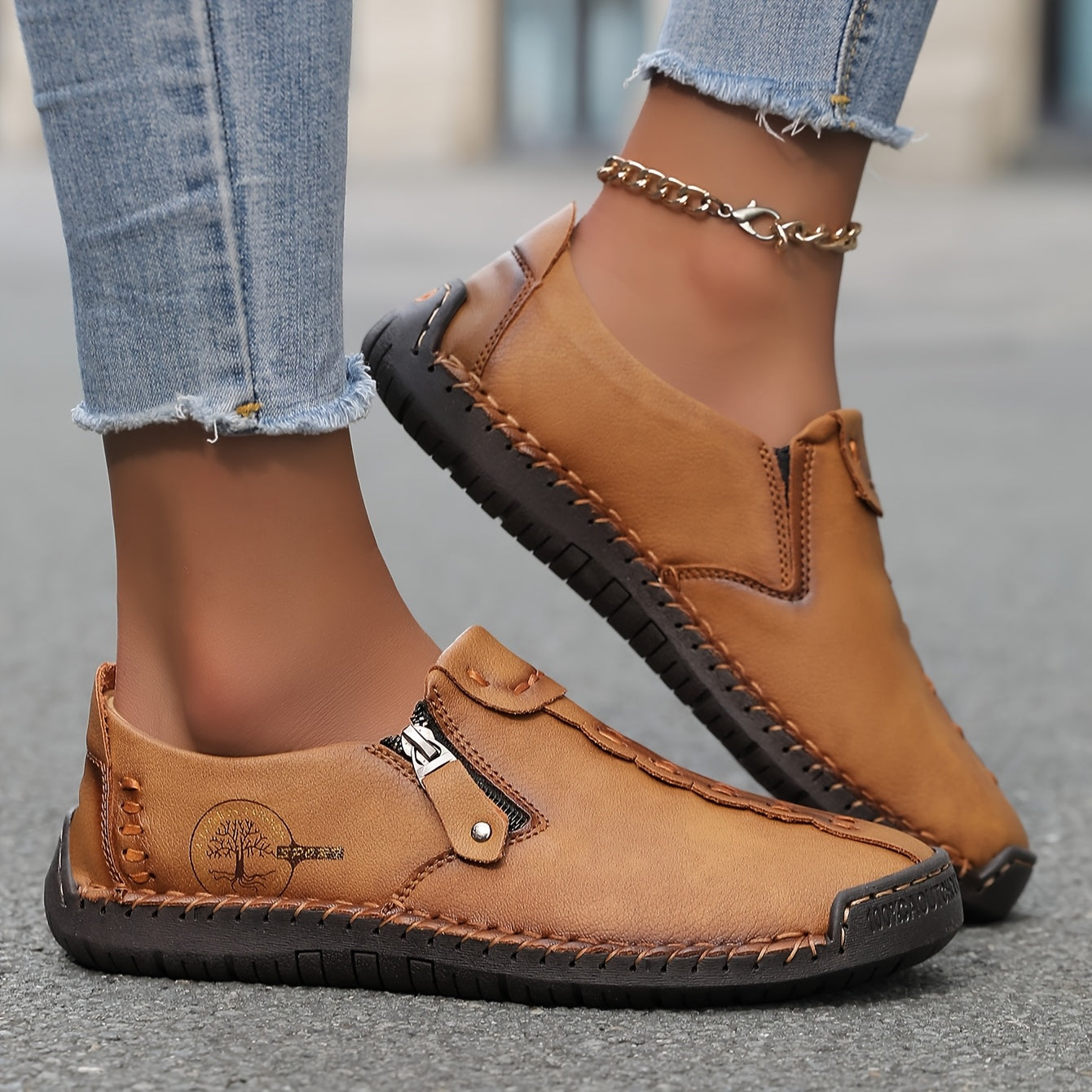 Women's Faux Leather Loafers with Elastic Panels Non-Slip Rubber Sole