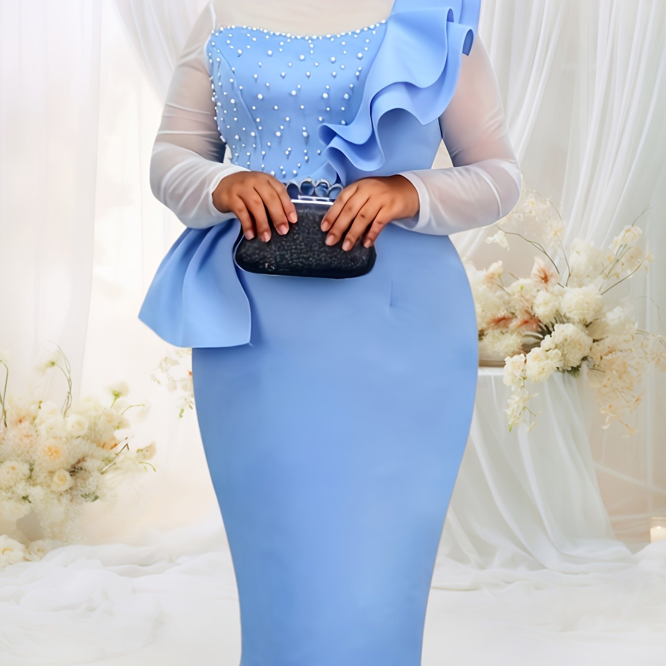 Women's Beaded Ruffle Shoulder Gauze Bodycon Evening Dress Long Sleeve