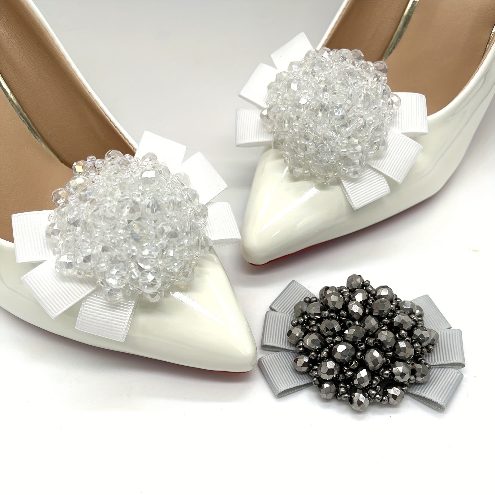 Women Beaded Bow Shoe Clips Detachable Sparkling Multicolor Shoe Accessories