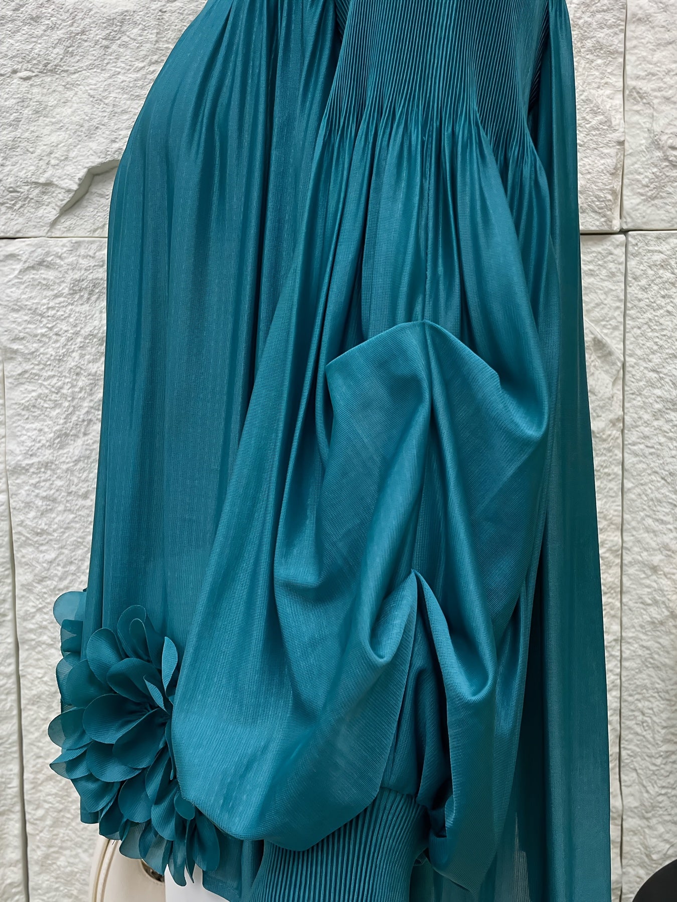 Women's Oversized Pleated Blouse with Floral Applique Light Blue Long Sleeve