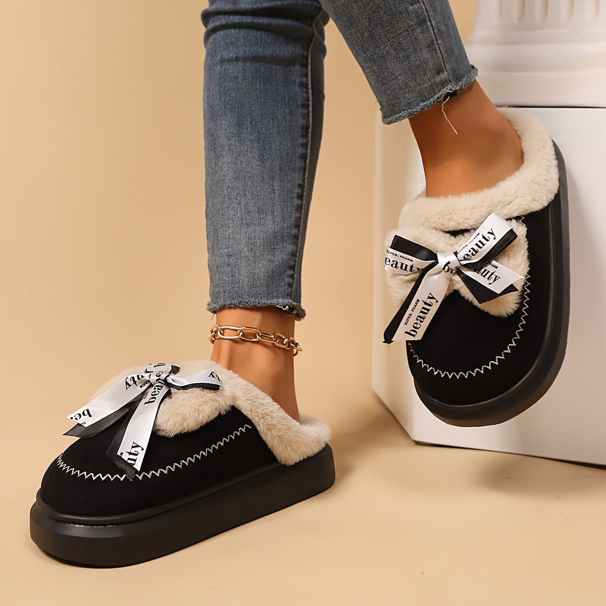 Women’s Plush Winter Slippers with Bowknot Non-Slip Sole for Indoor Outdoor