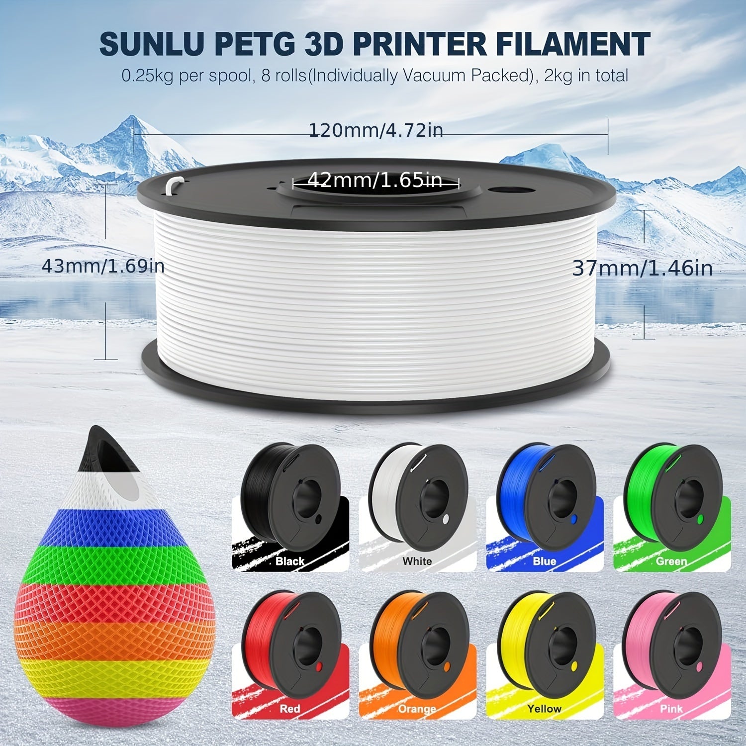 PETG 3D Printer Filament Set 1.75mm 2kg 8 Colors Vacuum Sealed
