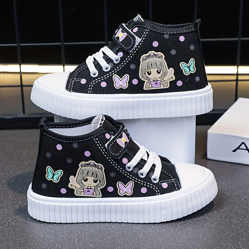 Girls' Canvas High-Top Sneakers with Cartoon Pattern, Breathable, Durable Sole