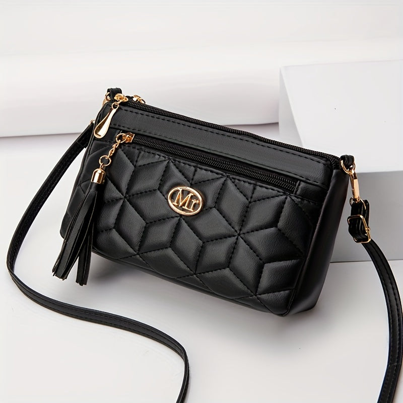 Women's Black Quilted Crossbody Bag with Zipper Closure and Phone Pocket