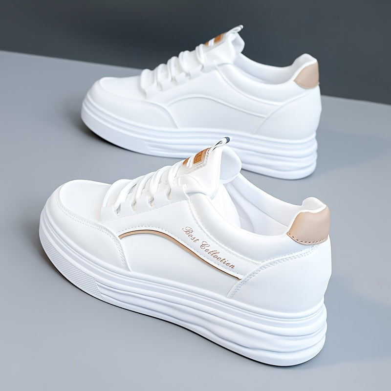 Women's White Lace-Up Sneakers with Thick Soles Water-Resistant Casual Shoes