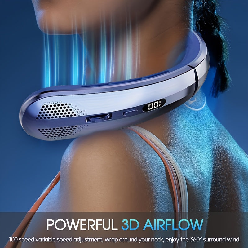 Bladeless Neck Fan USB Rechargeable with LED Display 100 Speed Settings Outdoor Comfort