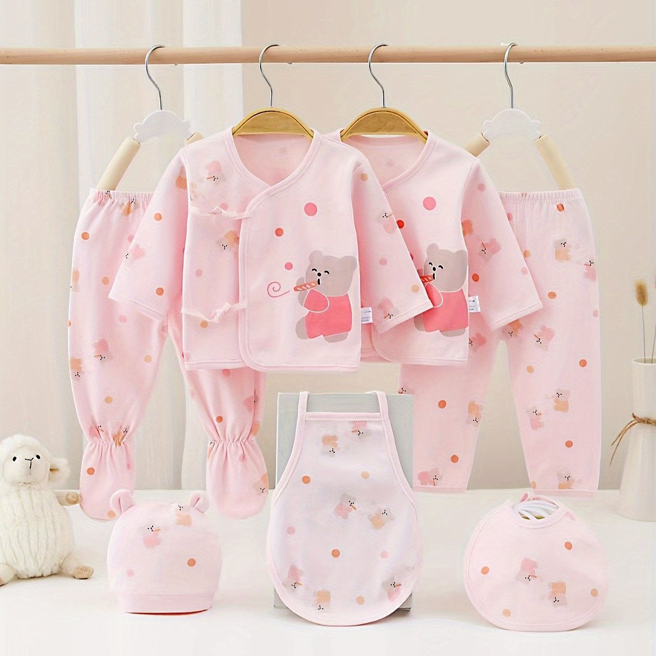 Baby Girl Cotton Clothing Set 7-Piece with Bear and Rabbit Cartoon All Over Print