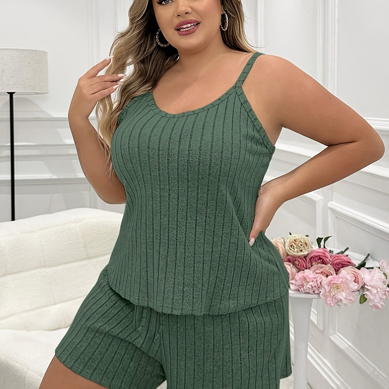 Women's Lounge Set Ribbed Tank Top and Shorts Solid Polyester Casual Comfortable