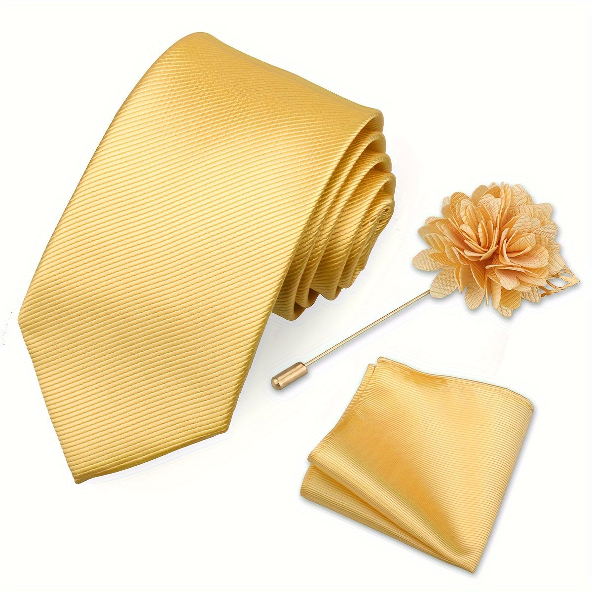 Men's Tie Set with Pocket Towel and Brooch, Classic Striped Plain Design