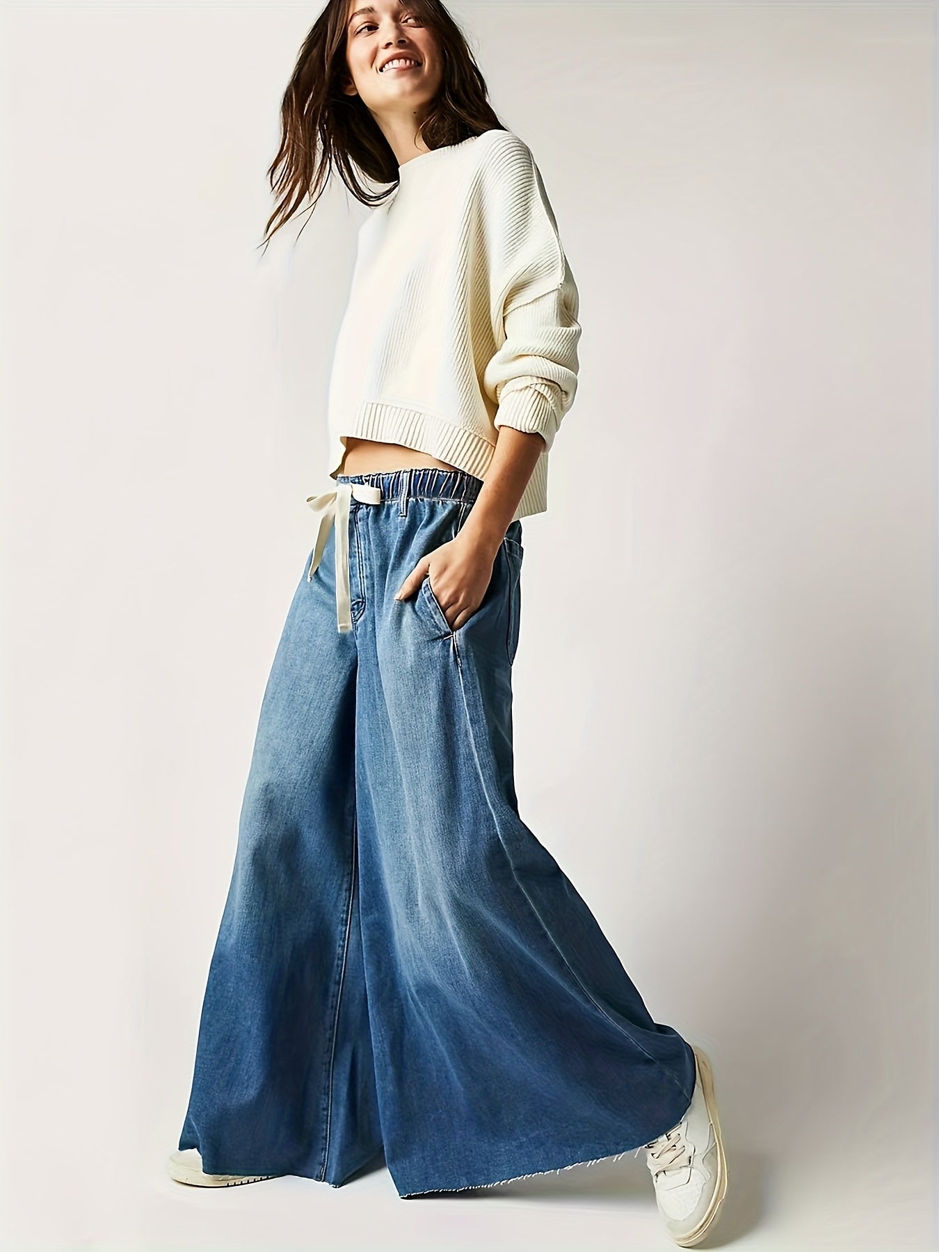 Women's High-Waisted Wide Leg Denim Jeans Casual Solid Cotton-Polyester All-Season