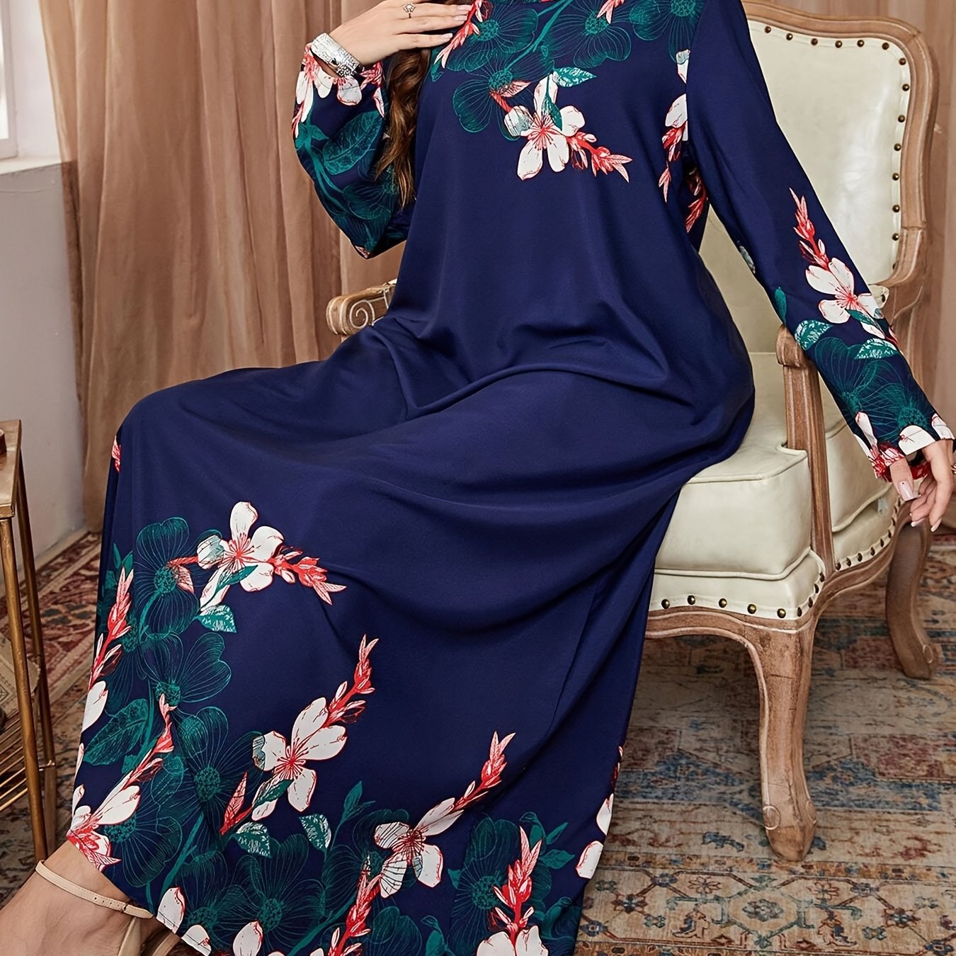 Pink Floral Ankle-Length Dress with Long Sleeves and Round Neck for Spring Summer Fall