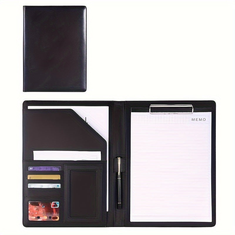 Black Faux Leather Clipboard Folder with Resume Organizer Business Card Holder Pen Loop Smartphone Pocket Office Organizer