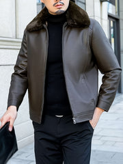 Men's Casual Fleece Jacket with Fur Collar Zip-Up Polyester Lined