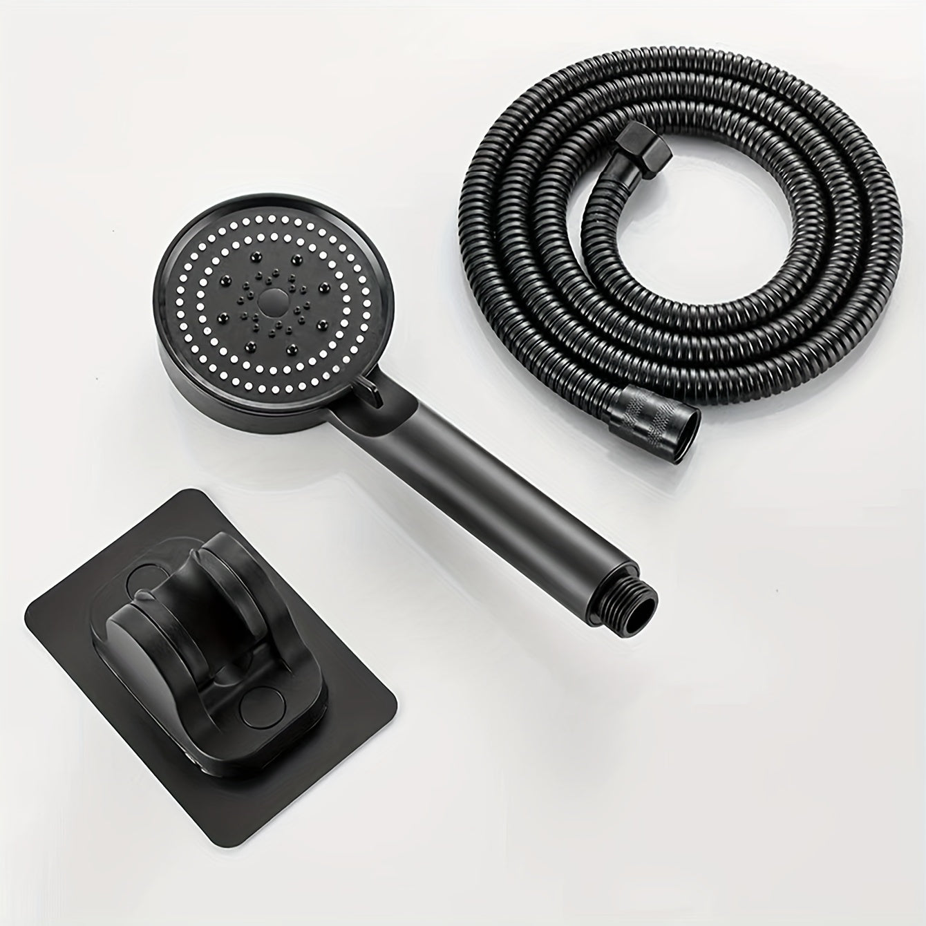 Conjunto de cabezal de ducha de alta presión con soporte ajustable en la pared, manguera negra de 1.5 m y 5 funciones de pulverización