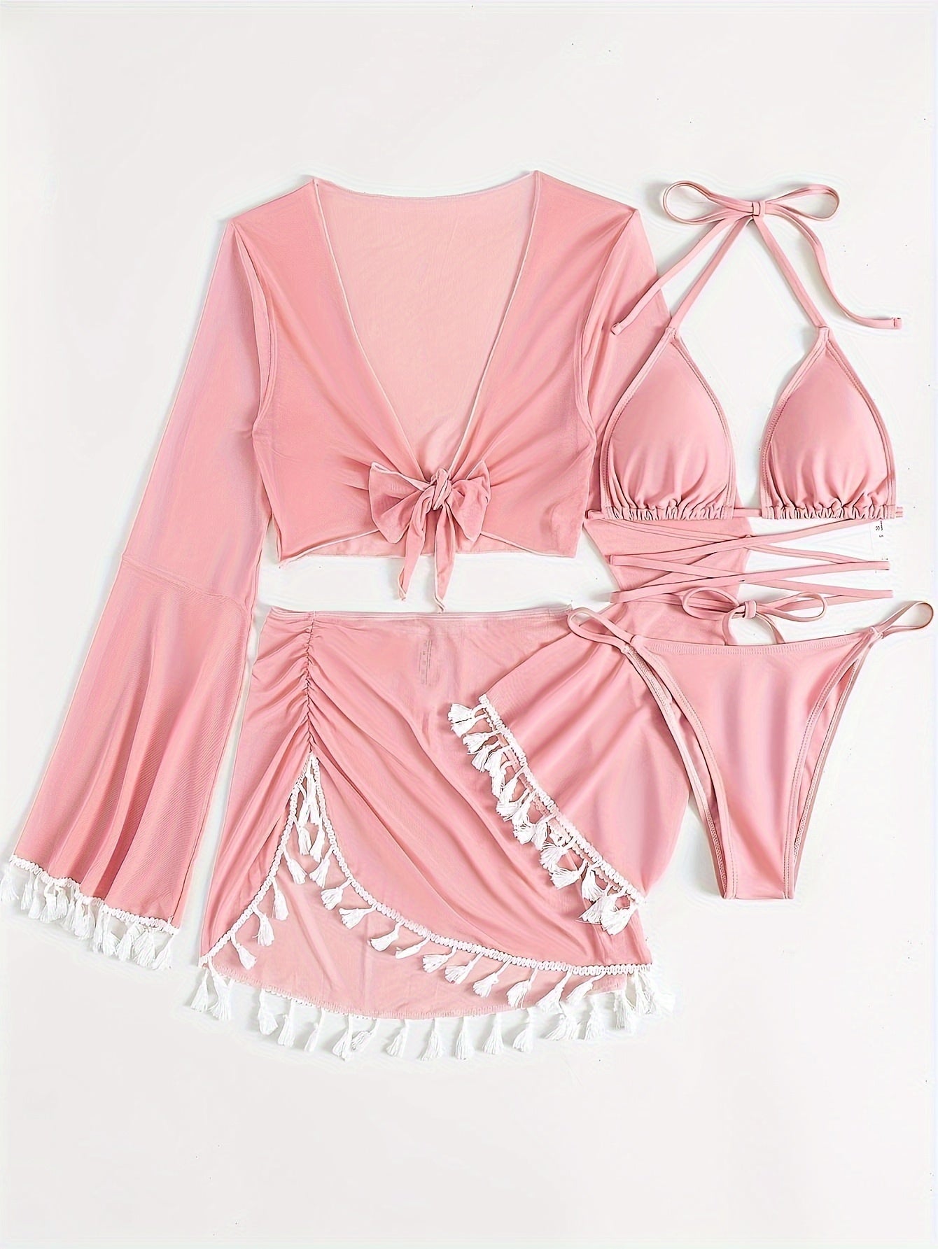 Women's Bikini Set with Long Sleeve Cover-Up and Skirt High Stretch Nylon Swimsuit