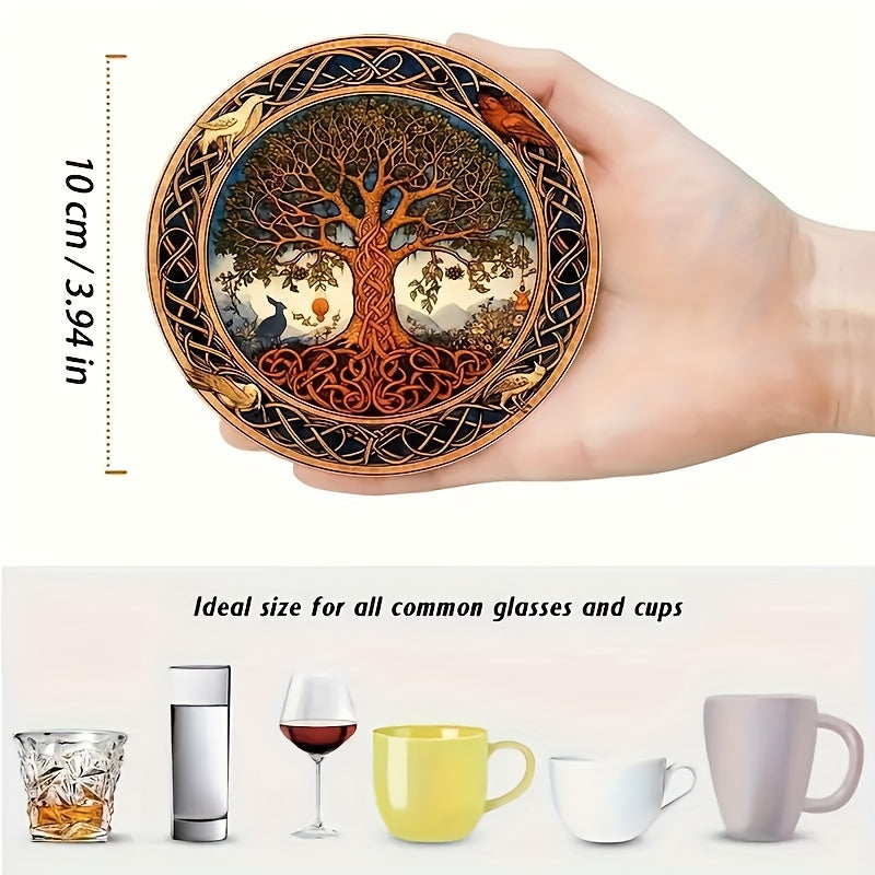 8pcs Wooden Coasters Tree of Life Artistic Design for Drinks Coffee Tea Home Restaurant