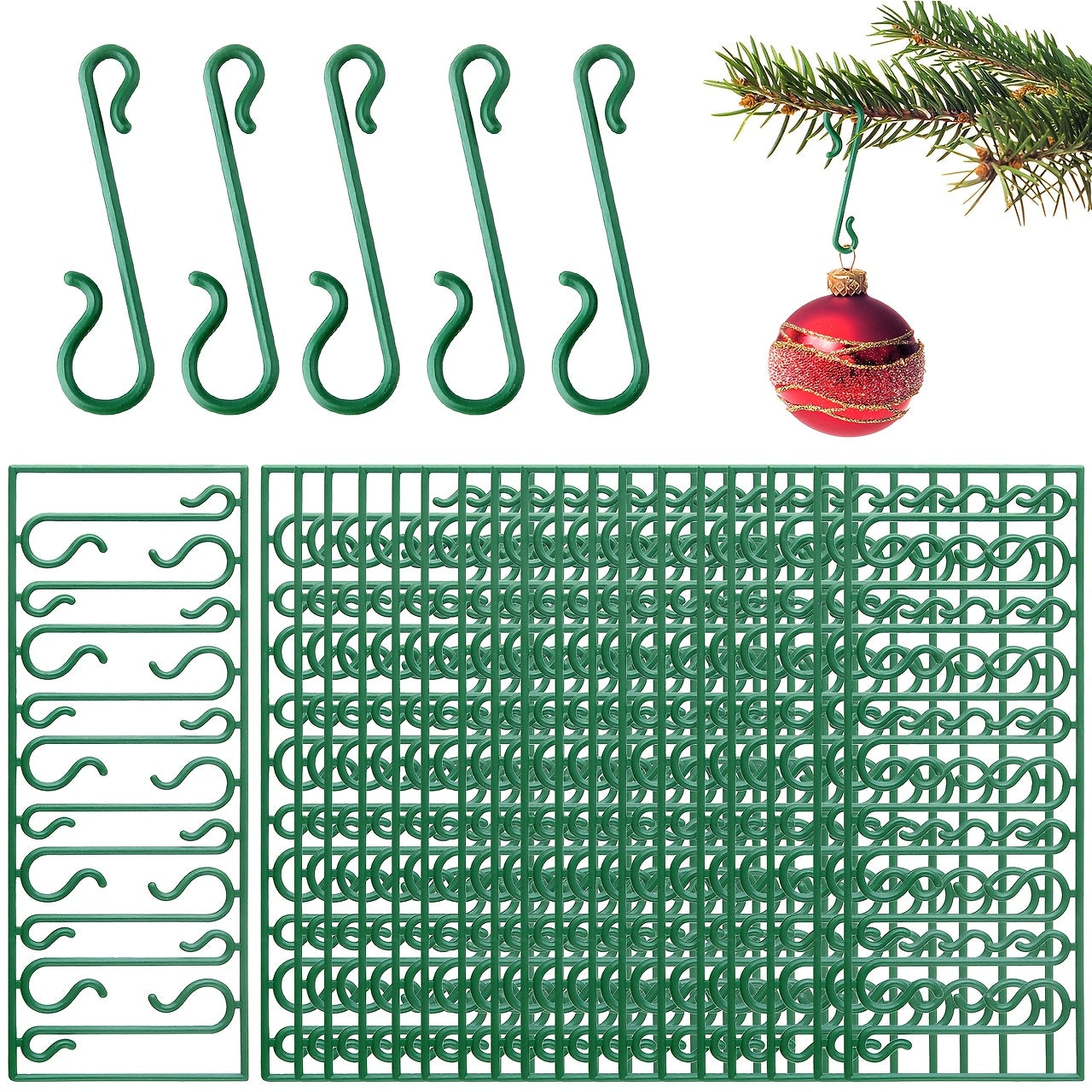 100/200 Pcs Reusable Green Plastic Christmas Ornament Hooks for Lights and Decorations