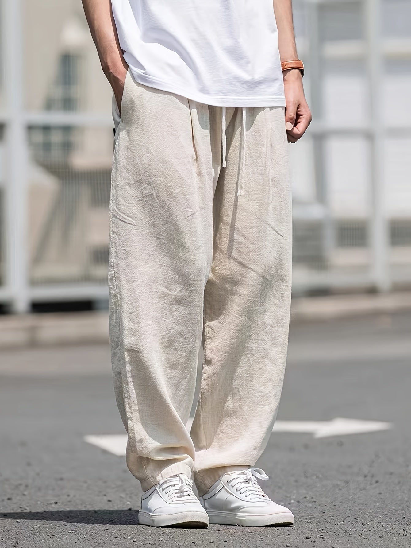 Men's Linen Drawstring Trousers Casual Loose Fit Solid Color All-Season