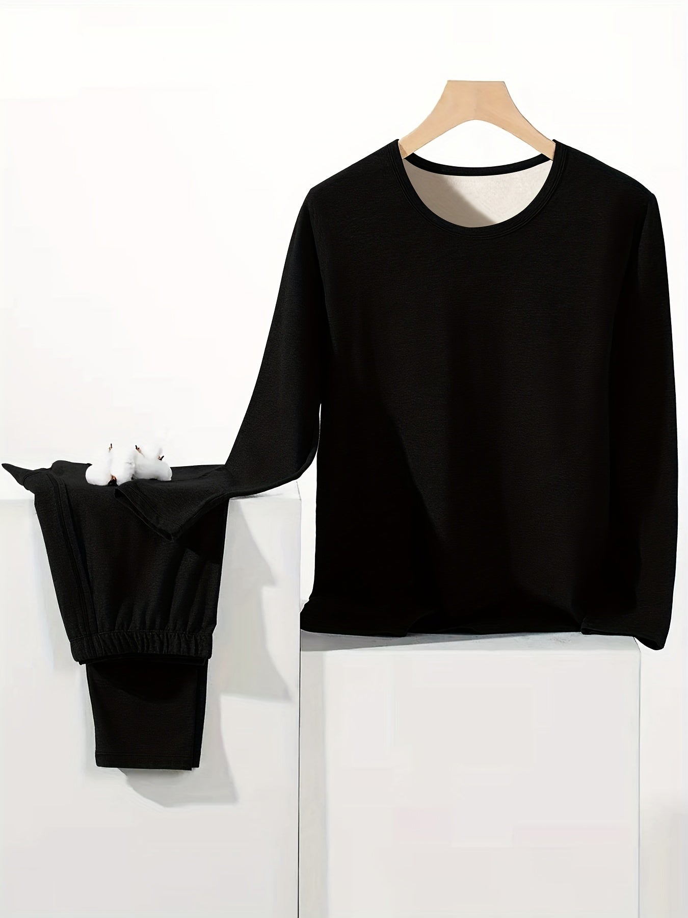 Мужской зимний теплый комплект нижнего белья штаны и топ с круглым вырезом, однотонный, из полиэстера для взрослых и подростков