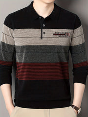 Men's Striped Knit Sweater Fall Winter Long Sleeve Pullover with Button Details