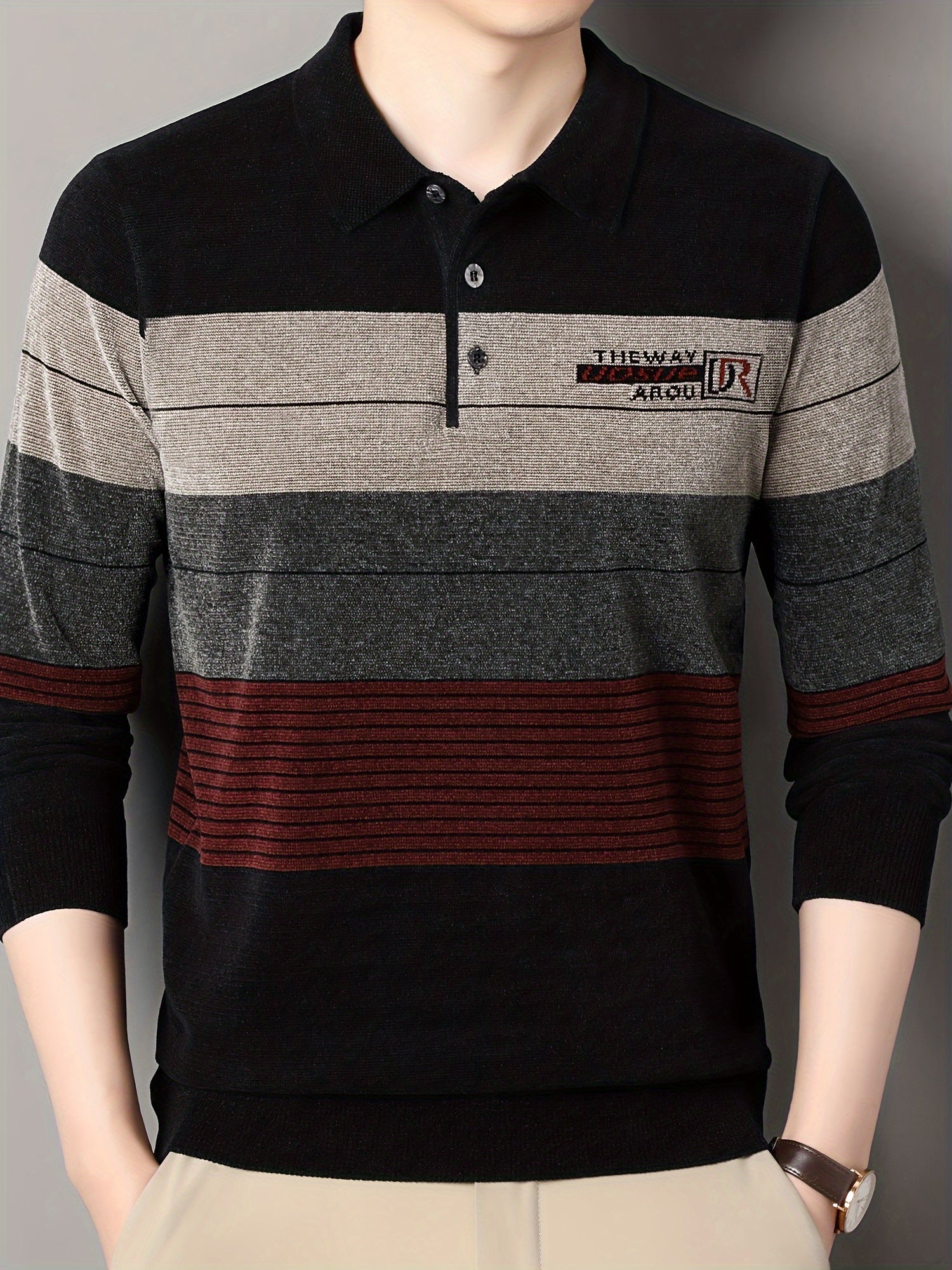 Men's Striped Knit Sweater Fall Winter Long Sleeve Pullover with Button Details