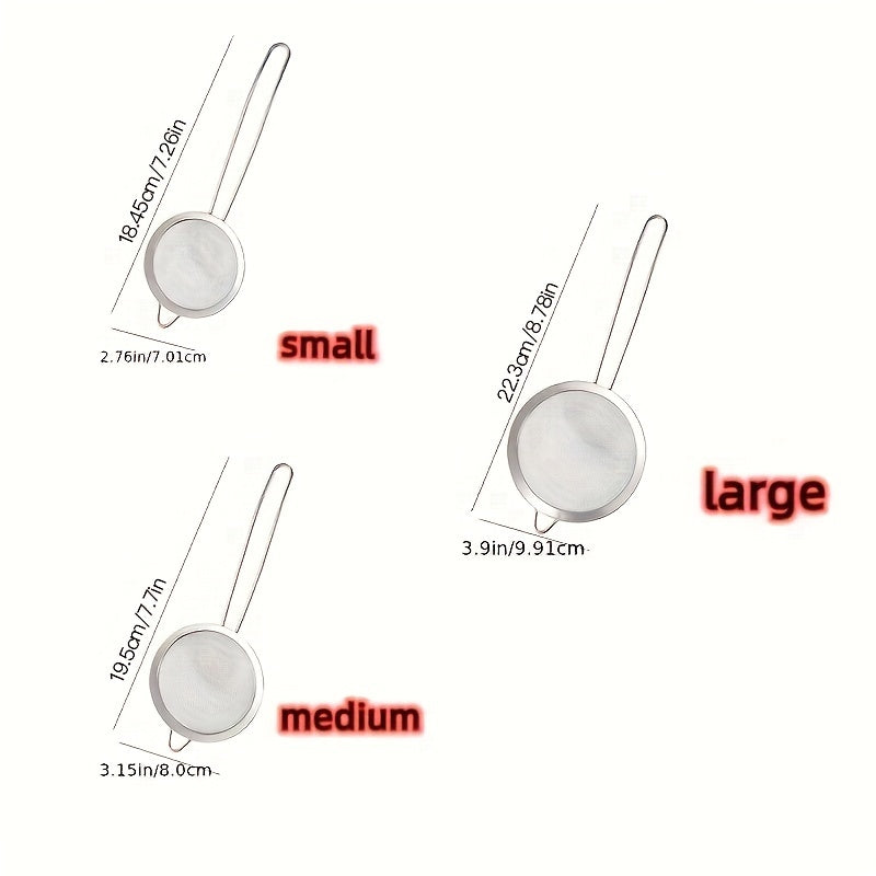 Основные кухонные инструменты: Набор из 3-х мелкоячеистых сит из нержавеющей стали - маленький, средний и большой размеры с прочной ручкой и крючком - идеально подходит для отжима сока, соевого молока и многого другого. Включает кухонные аксессуары.