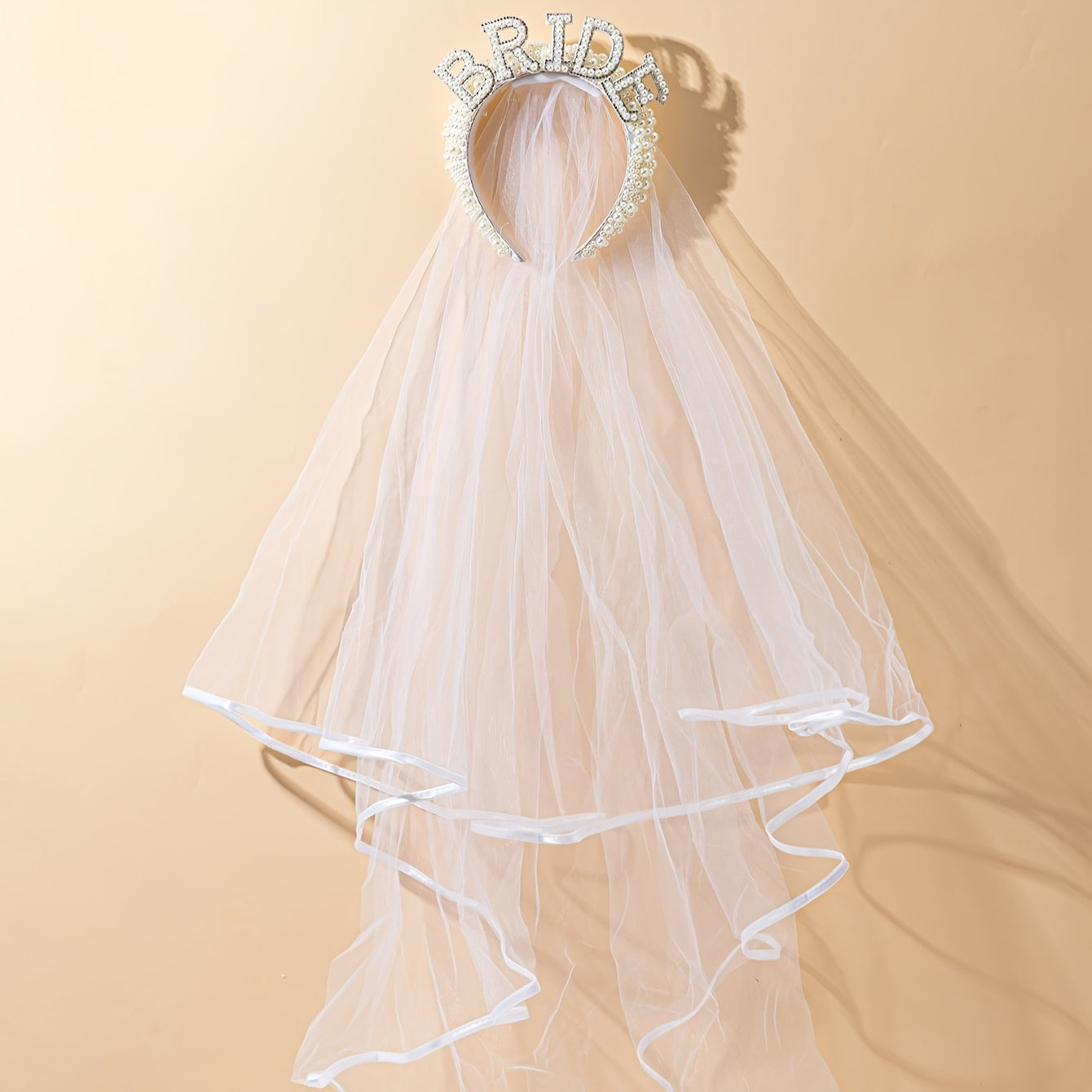 Bridal Headband with Faux Pearls Rhinestones Tulle Veil Bride Lettering Wedding Hair Accessory