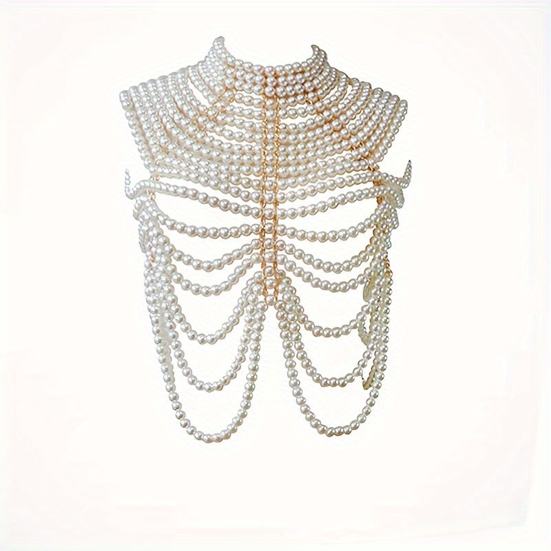 Handmade Beaded Pearl Shawl with Multi-Layer Tassel Shoulder Chain for Women