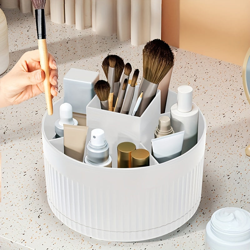 White Plastic Rotating Makeup Organizer with Textured Design for Brushes and Skincare
