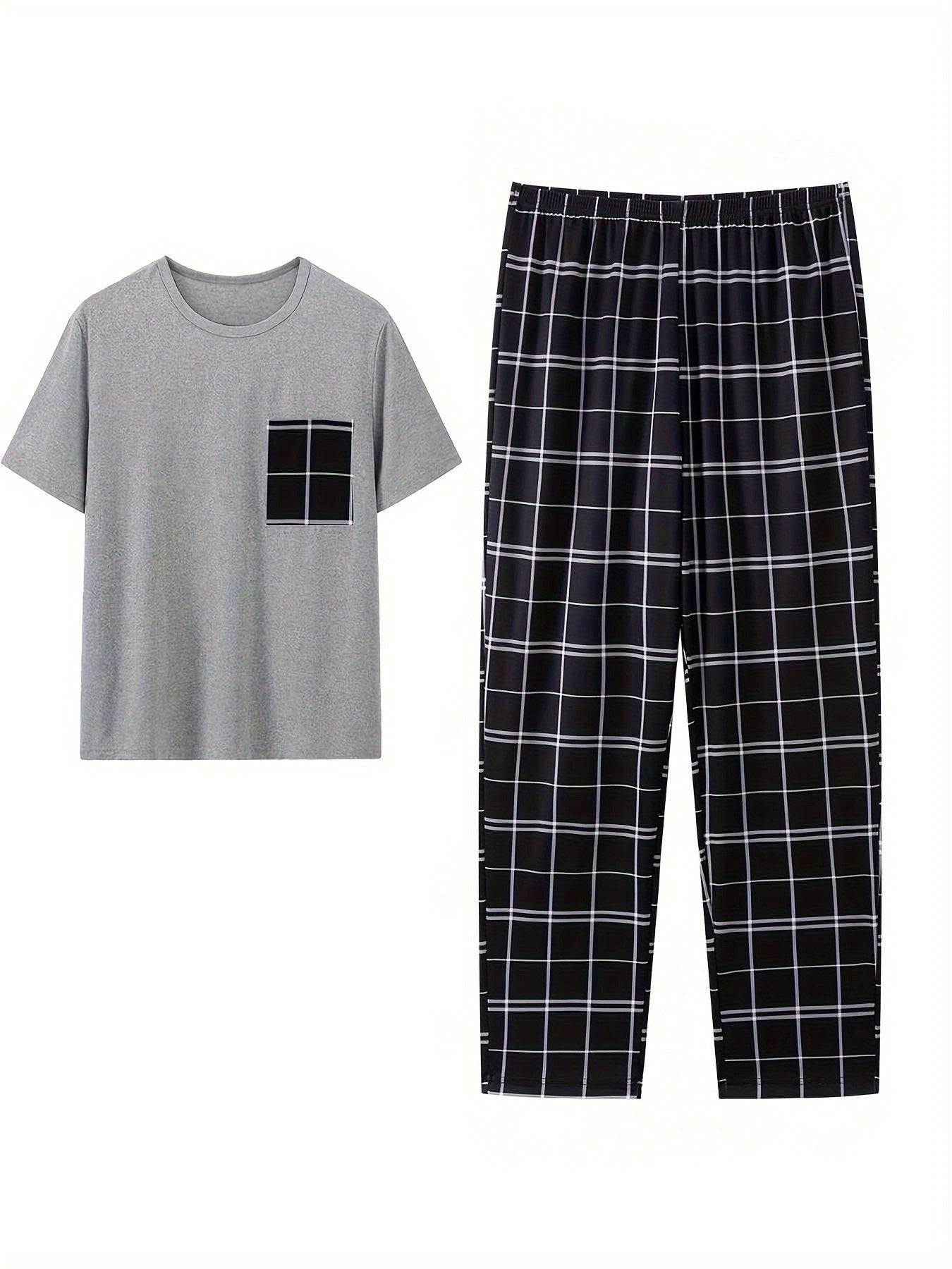 Men's Polyester Pajama Set with Gray Short Sleeve Tee and Checkered Long Pants