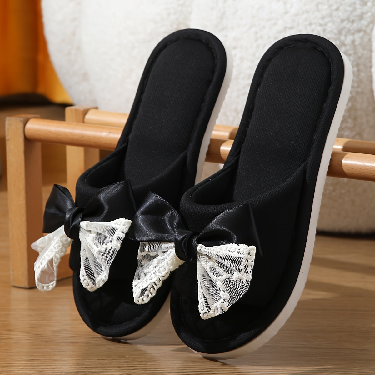 Women's Breathable Slip-On Indoor Slippers with Lace Trim Black