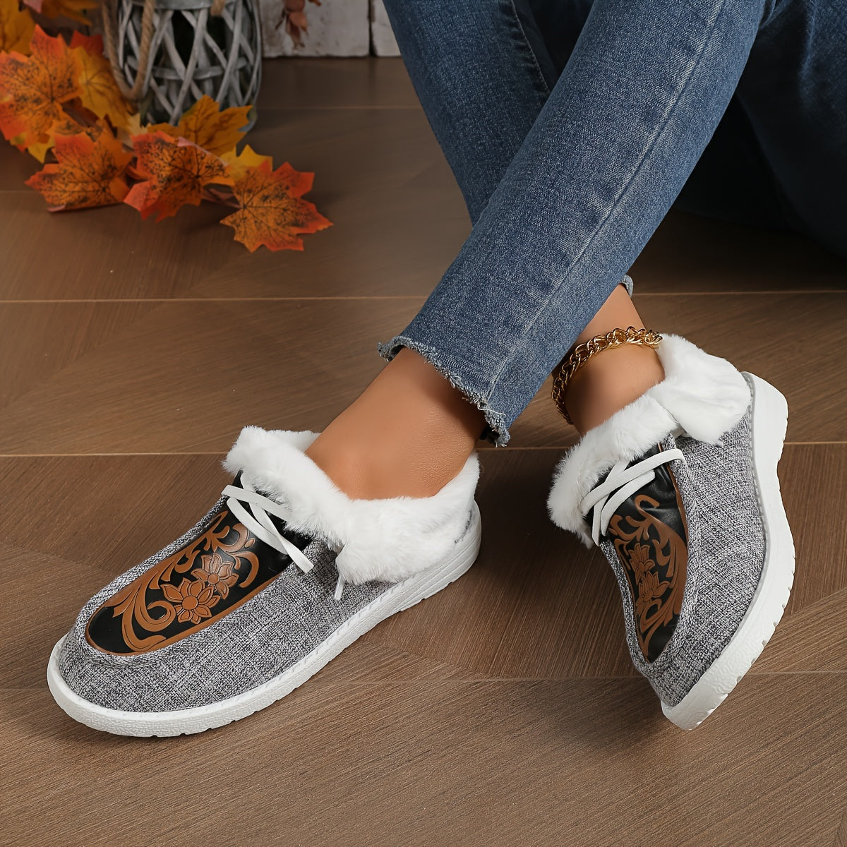 Ayollar uchun qorli botlar, mo'ynali ichki qismi, EVA taglik, sirpanishga qarshi, kulrang, qishki poyabzal