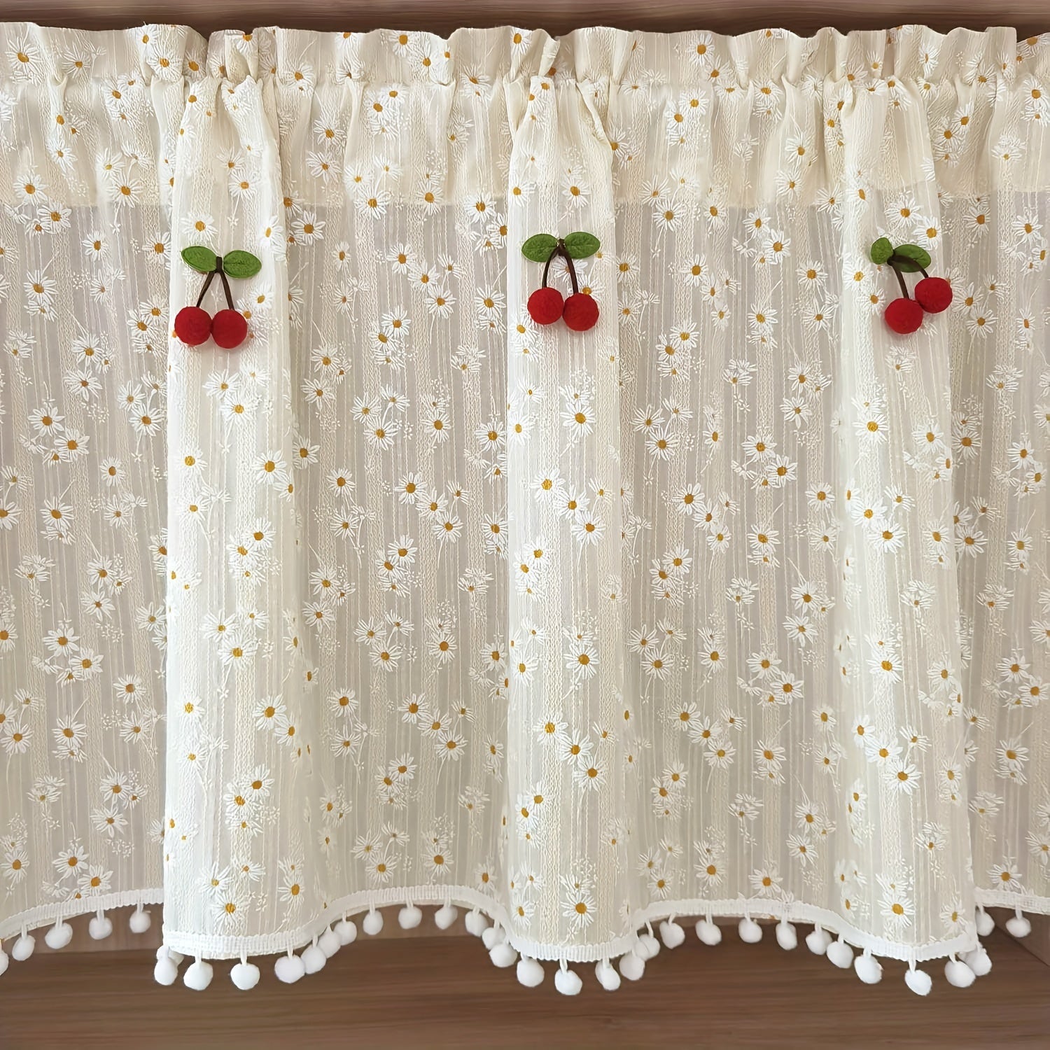 Country Chic Red Daisies and Cherries Curtains with Rod Pocket for Kitchen and Porch