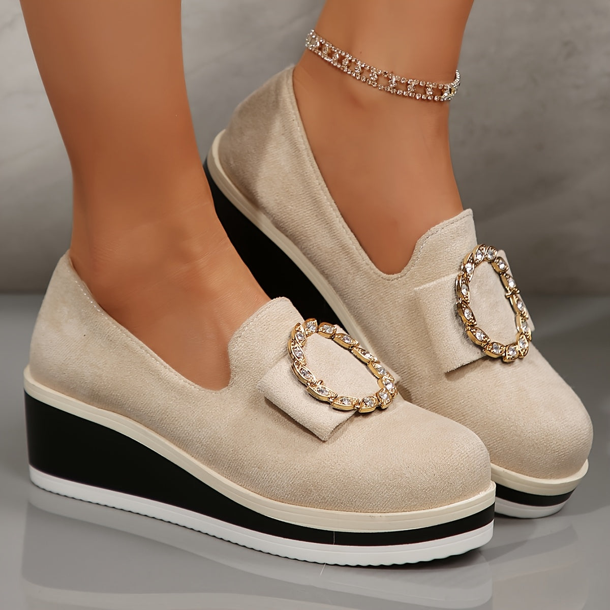 Women’s Wedge Sneakers Solid Color Slip-On Shoes Sequin Flannel Upper