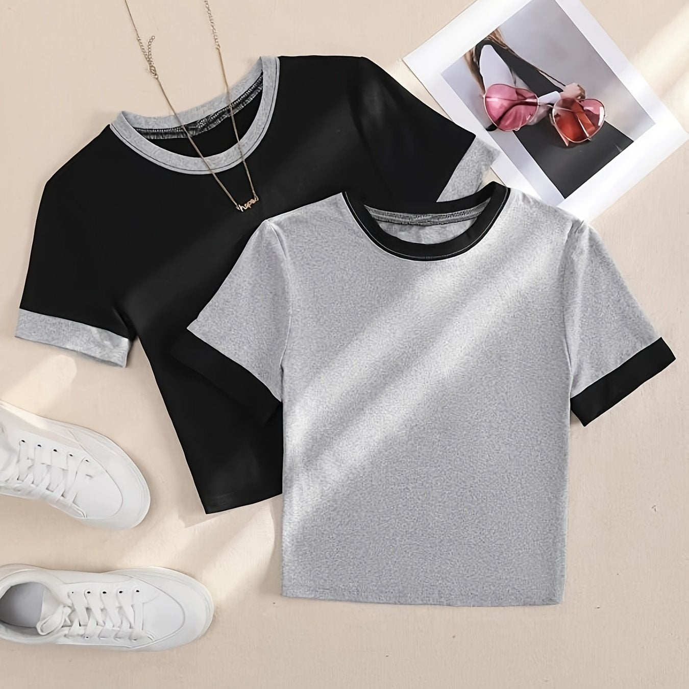 Women's Summer Short Sleeve Splicing Top Solid Color Slim Fit Polyester Knit Crew Neck Casual