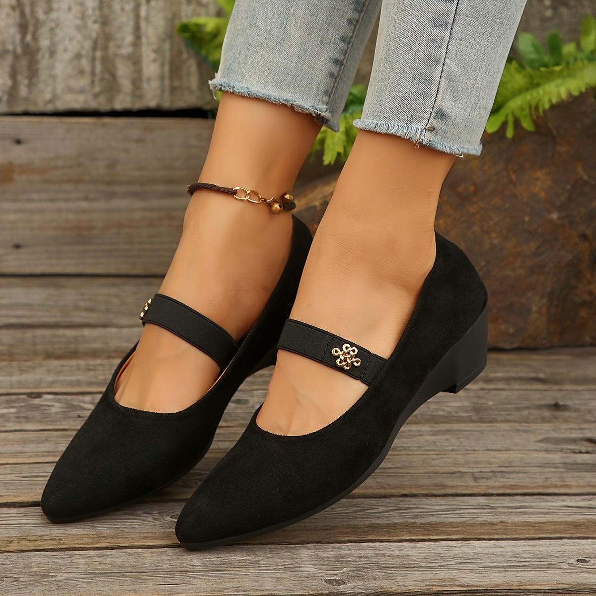 Women's Black Wedge Heels with Floral Buckle Platform Shoes