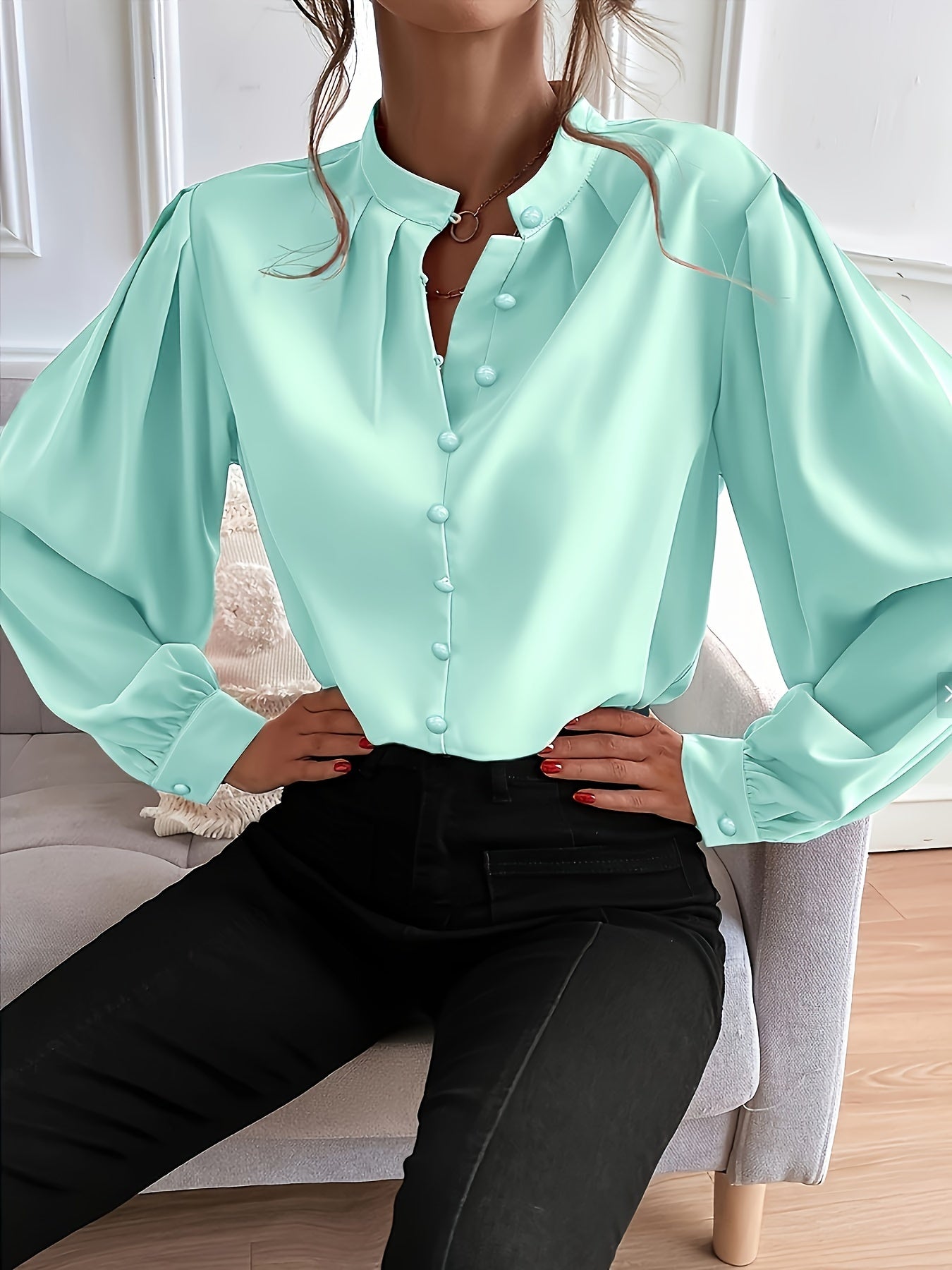 Women's Plus Size Woven Shirt Casual Short Sleeve Polyester Blue