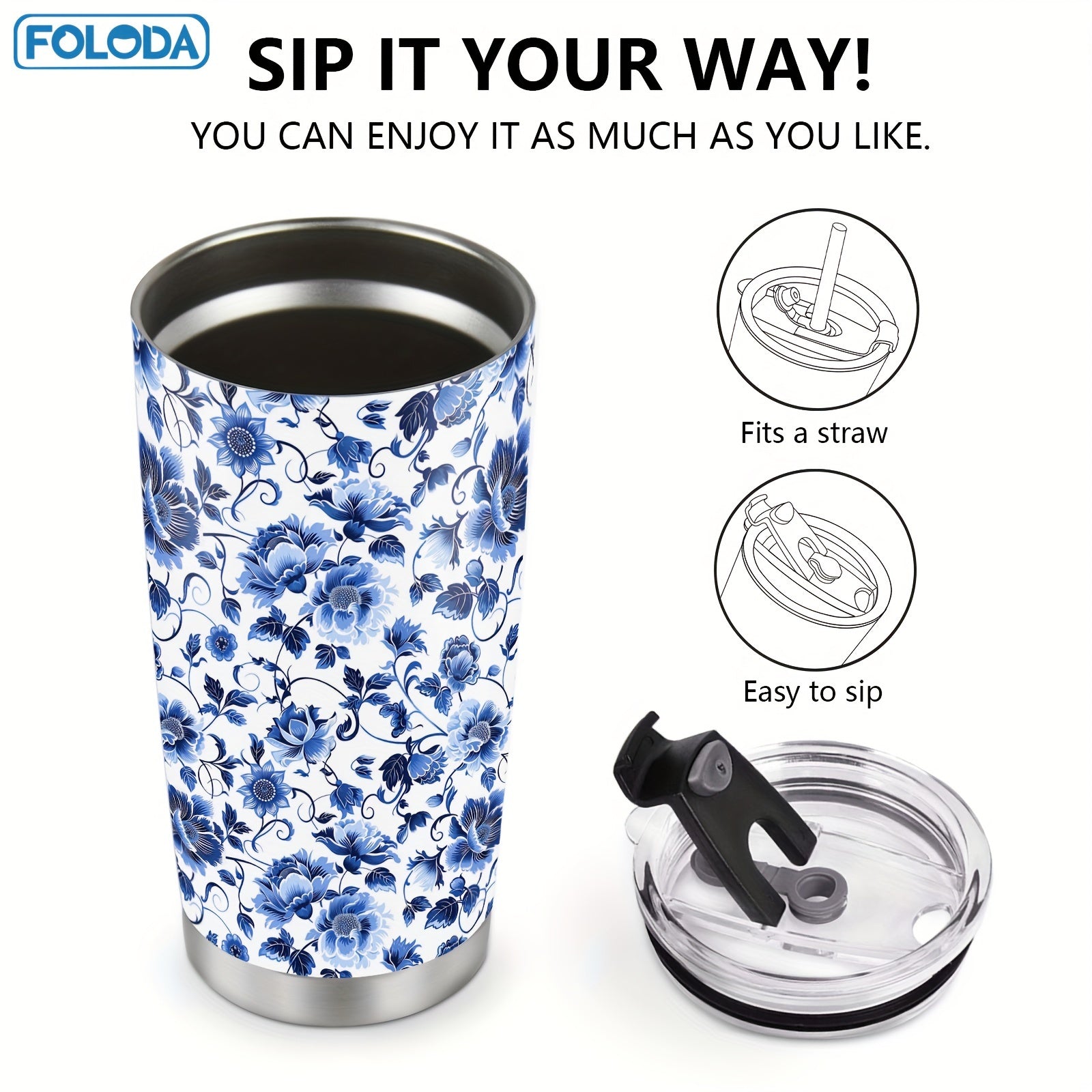 20oz Blue Floral Stainless Steel Travel Mug Double Wall Vacuum Insulated with Lid and Straw