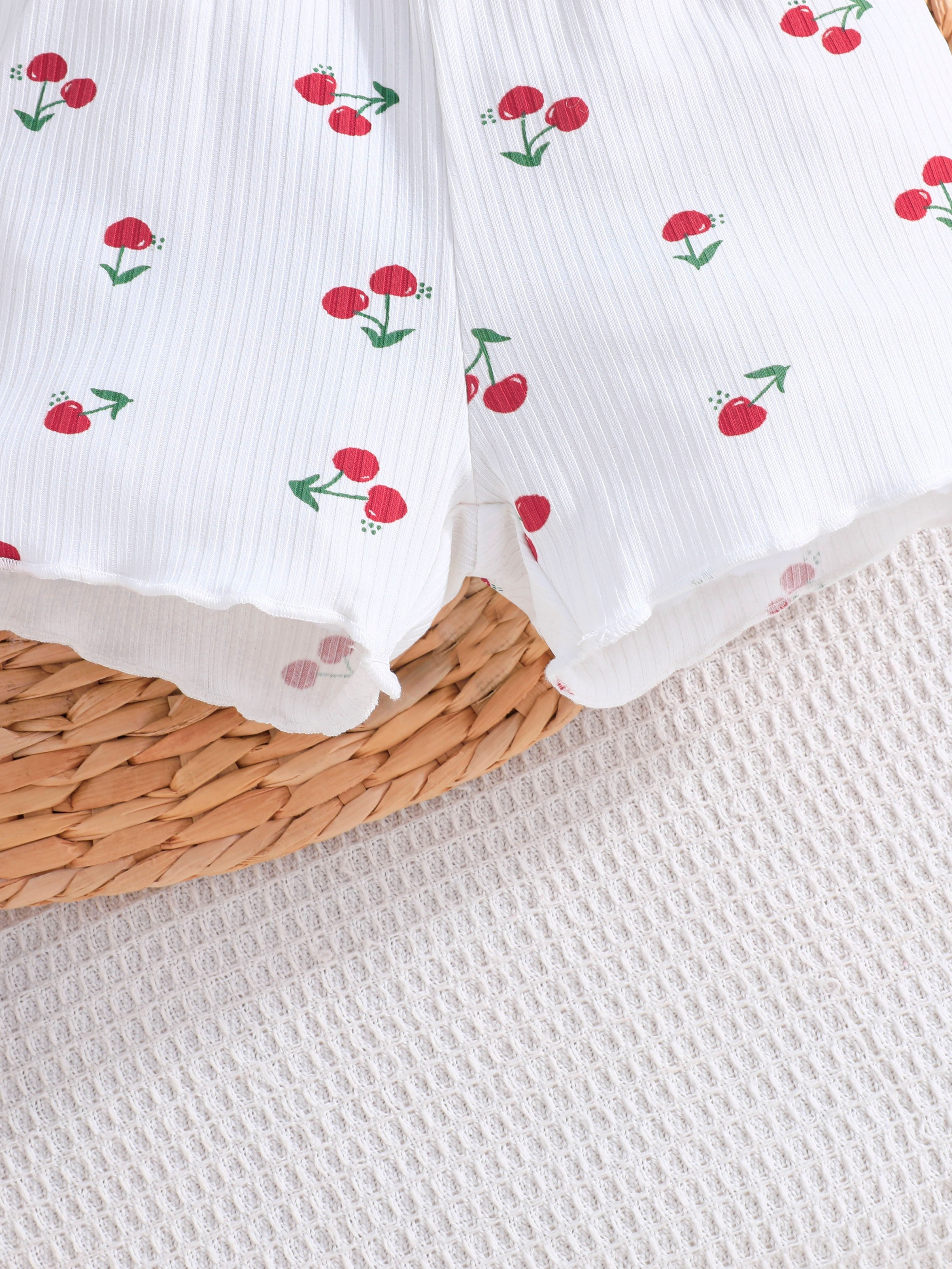 Girls Summer Set with Cherry Print T-Shirts and Shorts Lightweight and Machine Washable