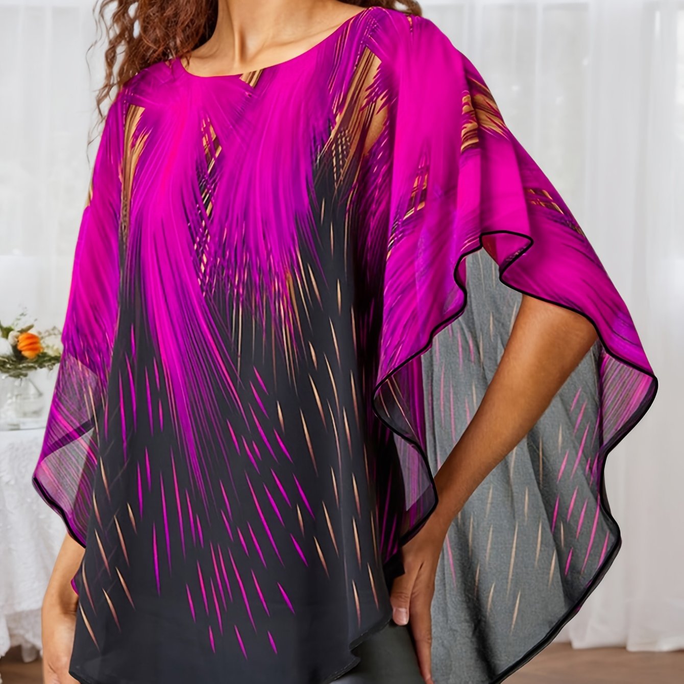 Plus Size Women's Mesh Panel Faux Two-Piece Top Black Turquoise Flame Print Short Sleeve Blouse