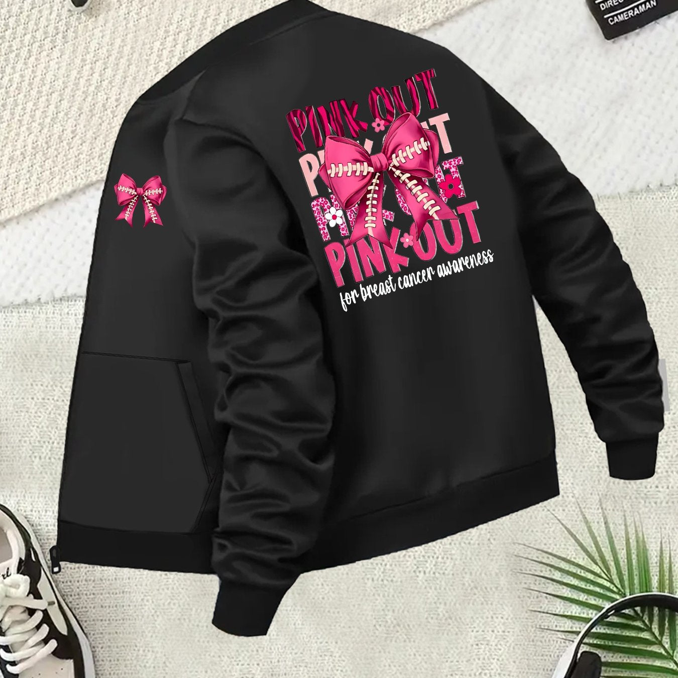Women's Plus Size Black Pink Breast Cancer Awareness Zip-Up Jacket with Pockets