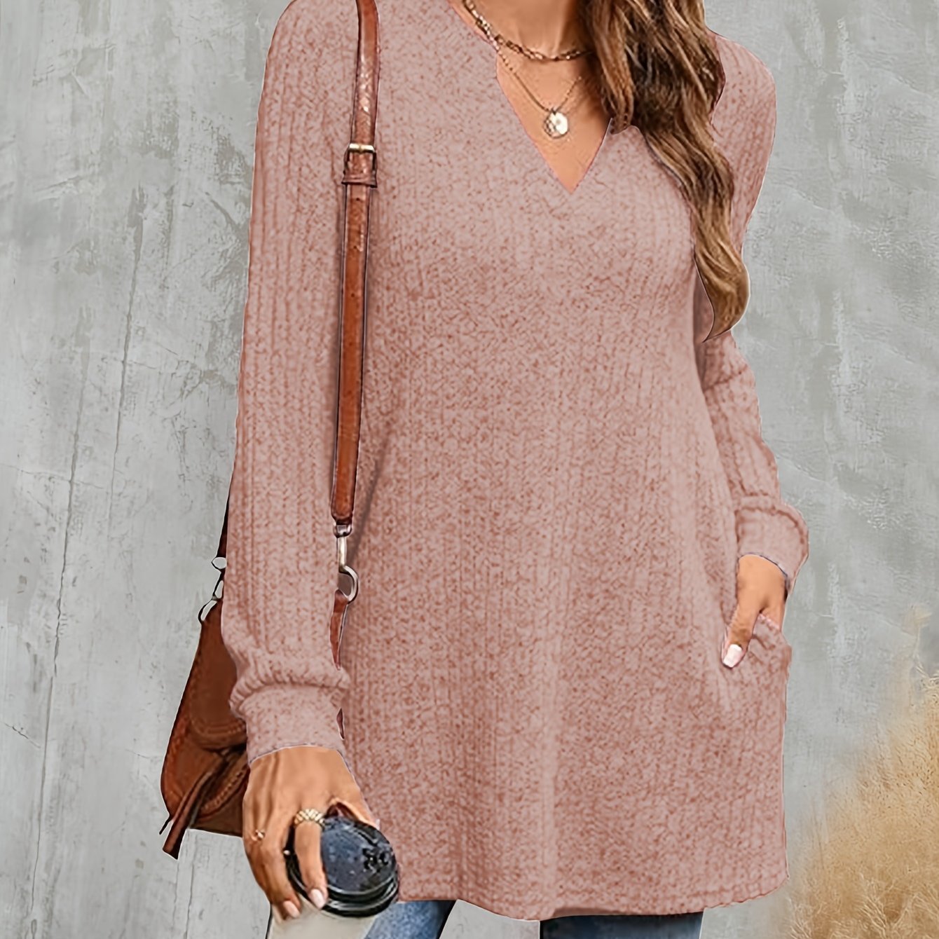 Women's Plus Size Knit Sweater Long Sleeve V-Neck Pockets Fall Winter