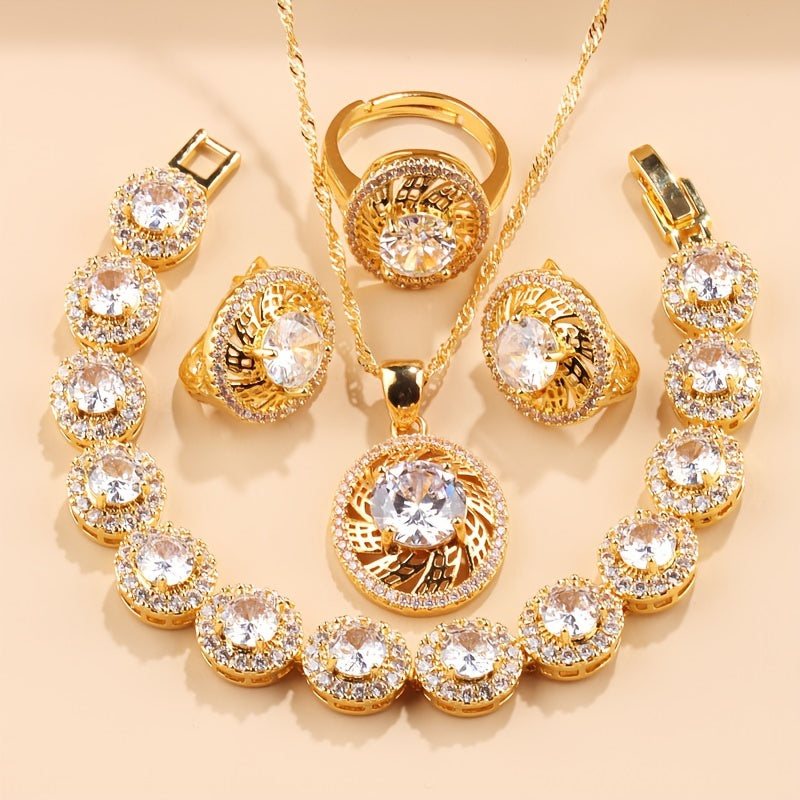 Nikoh zargarlik to'plami, 5 ta bo'lak, Kubik Sirkoniyalik taqinchoq, quloq taqinchoq, uzuk, bilaguzuk, yaproq dizayni, to'ylar va partiyalar uchun