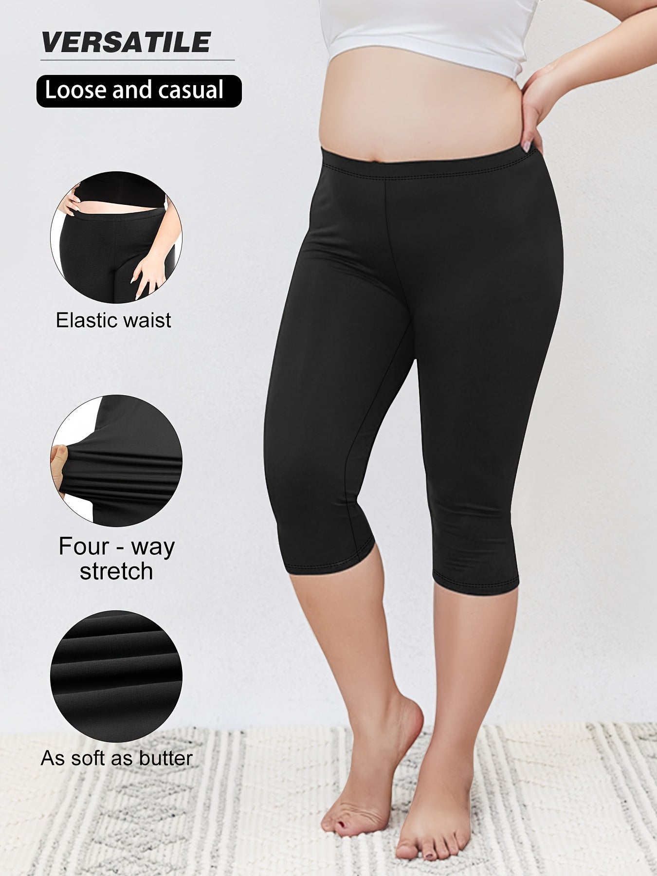 Plus Size Women's High-Waisted Capri Leggings 3 Pack Black Lightweight Soft