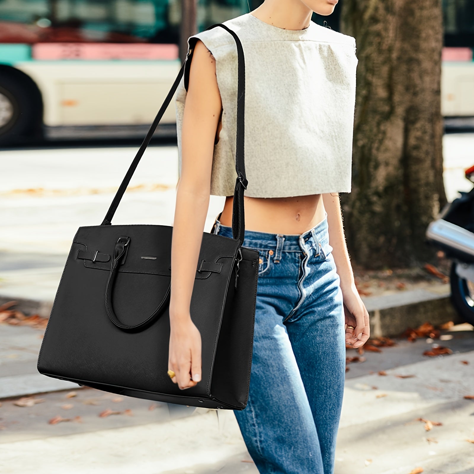 Women's Waterproof Faux Leather Laptop Briefcase with Adjustable Strap Black