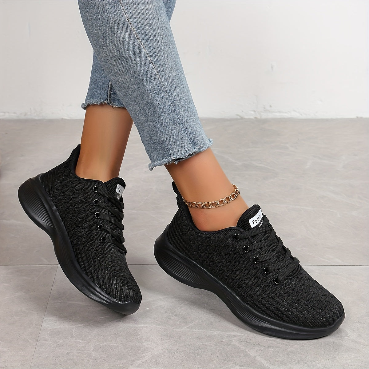 Women's Solid Color Lace-Up Platform Sneakers, Breathable Athletic Shoes