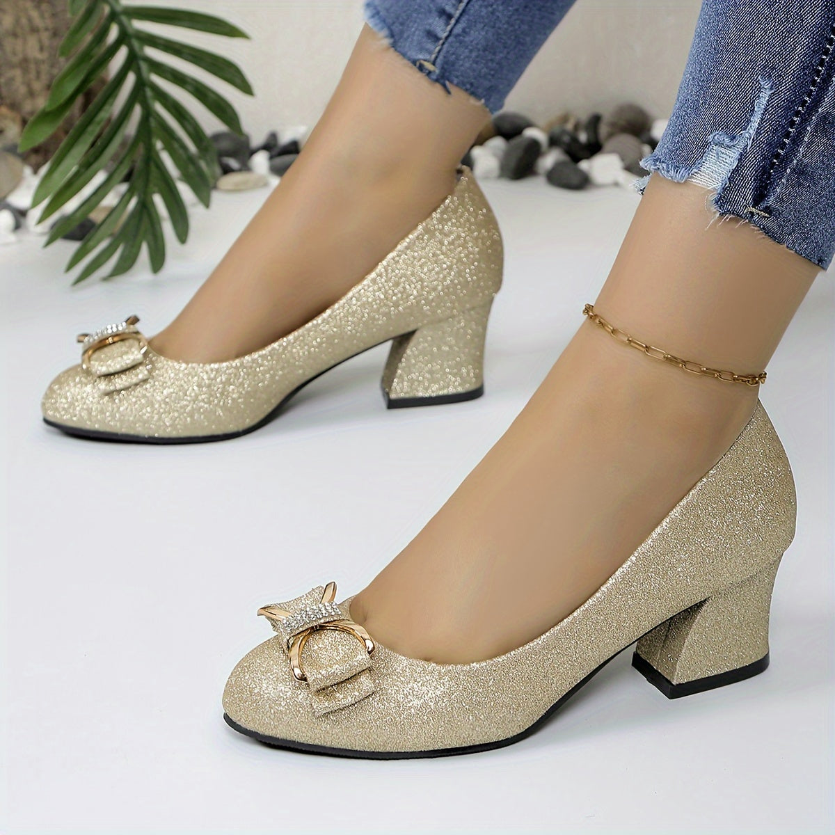 Women Low-Cut High Heel Shoes Rhinestone Butterfly Bows Matte Work Shoes Plus Size