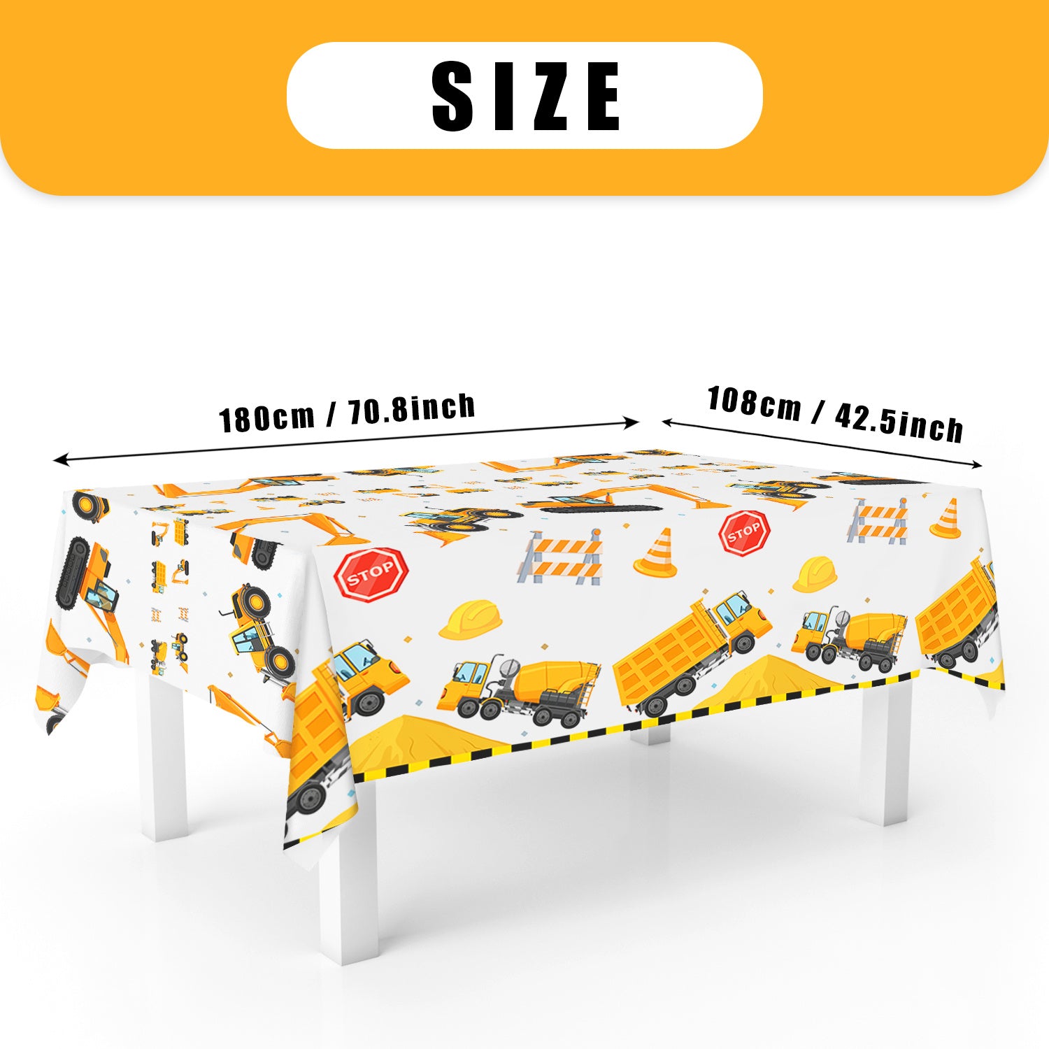 Watercolor Construction Vehicles Tablecloth for Boys Plastic Outdoor Party 108x180 cm