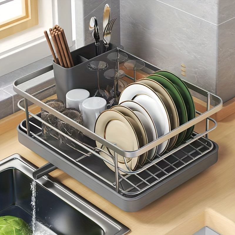 Black Plastic Kitchen Drying Rack with Drainboard, Compact and Waterproof