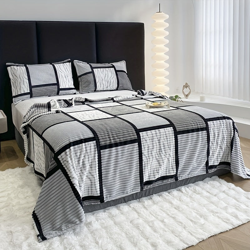 Plaid Printed Throw Blanket with Velvet Fleece for Nap Bed Office Use